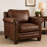 Fauteuil d'appoint robuste en cuir véritable, style Mid-Century Modern, avec accoudoirs roulés et garniture cloutée, pour salon et chambre