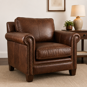 Sillón de Cuero Genuino, Resistente, con Brazos Enrollados y Adornos de Tachuelas, Sofá Individual para Sala de Estar, Muebles para el Hogar - Product Image 2