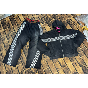 ชุดวอร์มผู้ชายสไตล์วินเทจแบบสั่งทำพิเศษ ผ้าฟอกสีซีดจาง แต่งคริสตัล สองชิ้น ไซส์ใหญ่ สไตล์ไฮสตรีท ODM - Product Image 1