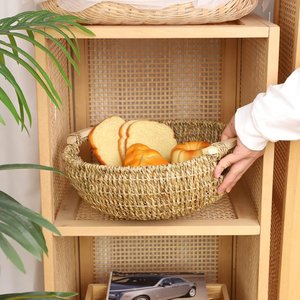 Rustic Seagrass Decorative <b>Tray</b> with Wooden Handles Round Woven <b>Basket</b> for Serving Entertaining and Display - Product Image 4