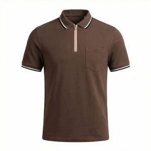 Polo en piqué à manches courtes pour homme, couleur marron, avec poche et fermeture éclair, décontracté, respirant, tricoté, design uni, coupe classique - Product Image 1