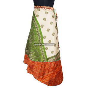Traditional Indian Women Wear Art Silk Rapron <b>Skirt</b> Women Wear Vintage Silk Sari <b>Long</b> Length Wrap Around <b>Skirt</b> 2 Layer Saree - Product Image 6