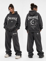 Ensemble survêtement 2 pièces pour femme, imprimé délavé à l'acide, coupe oversize, avec sweat à capuche et pantalon de survêtement à ourlet brut, style streetwear, 100% coton
