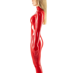 Women's Red PU Coated <b>Long</b> <b>Sleeve</b> <b>Jumpsuit</b> High Waist Full Length Turtleneck Bodycon Stretch Clubwear - Product Image 1