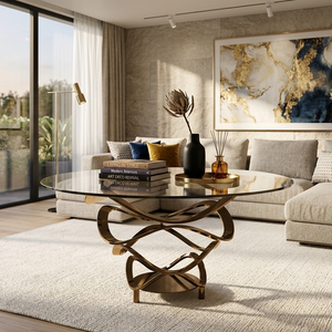 Contemporary Round <b>Dining</b> <b>Table</b> with Tempered Glass Top and Sculptural Gold Metal Frame - Product Image 5