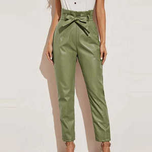 Pantalon en cuir pour femme, taille haute froncée avec ceinture à nouer, coupe décontractée et jambe fuselée, style mode - Product Image 2