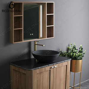 Meuble-lavabo moderne en bois RICO GLOBAL avec vasque en pierre, lavabo rond, armoire sur pied, miroir inclus, design contemporain - Product Image 3