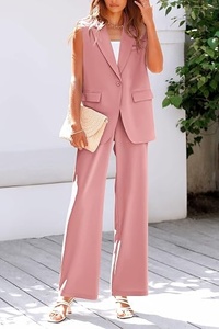 Women's Pink Sleeveless <b>Blazer</b> <b>Set</b> Loose Fit Wide Leg Pants Two Piece Suit Casual Spring Summer Solid Color Crepe Fabric - Product Image 4