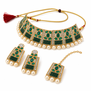 Gold Plated Alloy Necklace Earring Set Imitation Pearl Crystal Rhinestone Ethnic Wedding <b>Jewelry</b> Women's Fashion <b>Jewelry</b> Sets - Product Image 1
