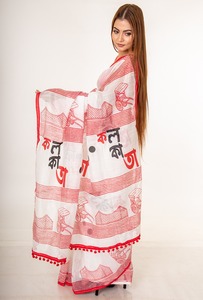 Sari de Algodón Blanco con Estampado Digital Rojo y Borlas para Mujer, Ropa Tradicional India, Estilo Casual, Largo Regular, Estilo Bollywood - Product Image 4