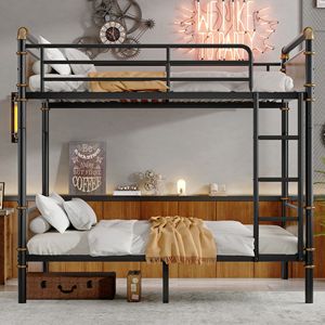 Letto a Castello in Metallo Industriale Separabile Twin XL su Twin XL con Sponde di Sicurezza, Struttura Nera per Ragazzi e Persone di Taglia King - Product Image 5