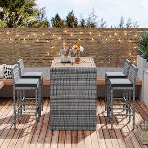 Set da Bar da Esterno in Vimini a 5 Pezzi con Tavolo in Legno di Acacia Antiscivolo e Sedie Alte da Bar con Cuscini Rimovibili in Corda - Product Image 3