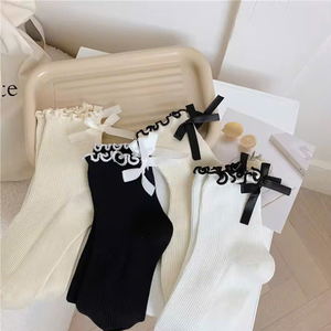 JZVINA Women Ankle Socks Spandex/Nylon <b>Bow</b> Decoration Solid Color Pilates Daily Wear Summer Breathable Thin Elegant Knitted - Product Image 3