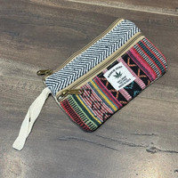 Dompet rami buatan tangan awet ramah lingkungan Chevron pola tenun kantong ritsleting untuk uang tunai & koin kecil dompet Mini dengan tali pergelangan tangan