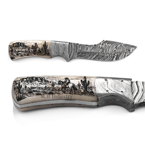 Cuchillo de caza hecho a mano de acero de Damasco Desert Rider con mango grabado a láser, hoja de espiga completa, punta de clip, 19 cm, funda de cuero de vaca original - Product Image 4