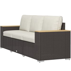 Divano da Esterno a 3 Posti in Rattan PE Beige con Cuscini e Braccioli Effetto Legno per Ville e Strutture Sportive - Product Image 1