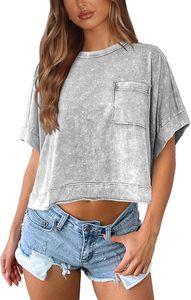 เสื้อครอปท็อปคอกลมแขนสั้นลายมัดย้อมผ้าฝ้ายทรงหลวมสบายๆ มีกระเป๋าเสื้อ ดีไซน์สำหรับฤดูใบไม้ผลิและฤดูร้อน รับผลิตแบบ OEM ODM - Product Image 6