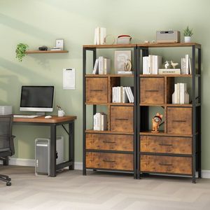 Libreria a 5 Ripiani e 4 Cassetti in Tessuto Non Tessuto 60*30*147cm, Struttura in Ferro Nero e Finitura Effetto Legno per Hotel - Product Image 6