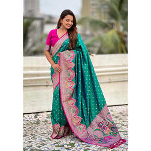 Green <b>Pashmina</b> Darbari Silk Saree with Zari Woven Indian & Pakistani Clothing - Product Image 2
