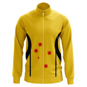 เสื้อแจ็คเก็ตผู้ชายสีเหลืองแบบซิป แต่งดาวสีแดงและแถบสีดำ คอตั้ง สไตล์สปอร์ต พิมพ์ลายแบบ Sublimation เสื้อแจ็คเก็ตสำหรับออกกำลังกาย - Product Image 1