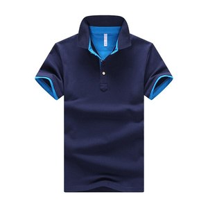 Camisa de Manga Corta Azul Marino para Hombre con Ribete Azul Claro, Corte Regular, Tejido de Punto, 100% Poliéster, Estilo Casual - Product Image 1