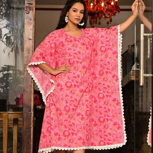 Robe Kaftan Florale pour Femme en Coton Rose Ample à Manches Chauve-Souris - Product Image 1