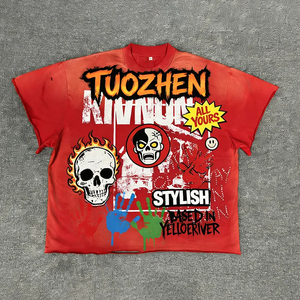 T-shirt à manches courtes pour homme TuoZhen, motif de crânes, style streetwear, col rond, coupe régulière, design imprimé - Product Image 1