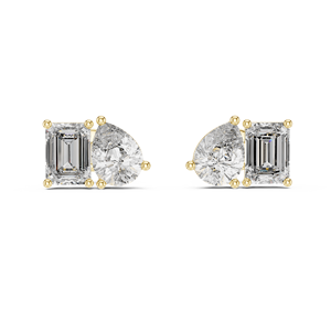 Boucles d'oreilles clous en or jaune avec diamants de laboratoire taille émeraude, double pierre, pour femme - Product Image 1