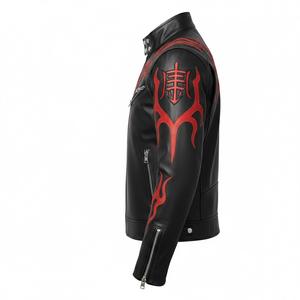 Chaqueta de Motociclista Gótica para Hombre, de Cuero Auténtico Negro, Resistente al Viento, con Bordado de Llamas Rojas, Estilo Cosplay, Chaqueta de Carreras, Logotipo Personalizado - Product Image 4