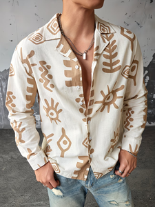 Chemise en lin imprimée à manches longues, boutonnée, décontractée, pour homme, en coton, à col - Product Image 5