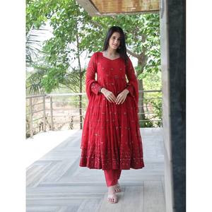 VESTIDO DE TRABAJO BORDADO SECUENCIA GEORGETTE FANTÁSTICO CON DUPATTA ROJO - Product Image 1