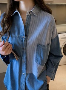 Women Denim <b>Shirt</b> Long Sleeve Button Down Striped <b>Patchwork</b> Casual Loose Fit Top With Pockets All Seasons Wear - Product Image 6