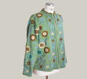 Premium Green Embroidered <b>Velvet</b> Suzani <b>Jacket</b> <b>Women's</b> Stand Collar Boho Floral Pattern Full Sleeve Autumn <b>Jacket</b> - Product Image 2