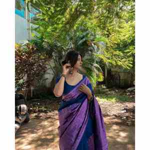 DESIGNER BANARASI SILK PINK ZARI WEAVING WORK <b>SAREE</b> WITH UNSTITCHED BLOUSE <b>PURPLE</b> - Product Image 1