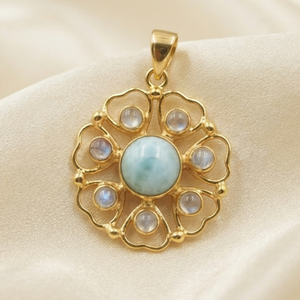 Wholesale 925 Sterling Silver Larimar Blue <b>Fire</b> Rainbow Moonstone Floral Mandala Pendant Handmade Women Bohemian Gold Plated - Product Image 4