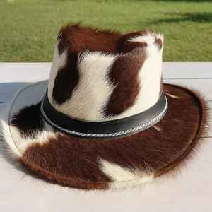 Chapeau Fedora unisexe en cuir de vachette véritable fait main, qualité supérieure, style Steampunk Cowboy, avec poils de bœuf - Product Image 1