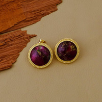 Boucles d'oreilles clous rondes en rubis naturel Mohave - Bijou solitaire bohème - Laiton plaqué or - Accessoires de mode - Cadeau