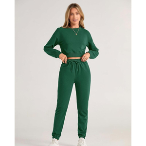 Ensemble de survêtement vert pour femmes, sweat-shirt à col rond à manches longues, pantalon à cordon de serrage, couleur unie, vêtements décontractés d'automne, 100% coton - Product Image 1