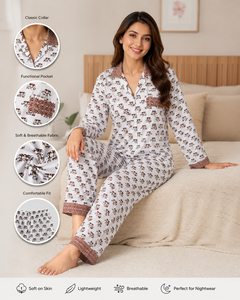 Luxury Elephant Hand Block Print <b>Crepe</b> Silk Night Suit Women Long Pajama Set Casual Handmade Masterpiece Sleepwear Gift Set - Product Image 3