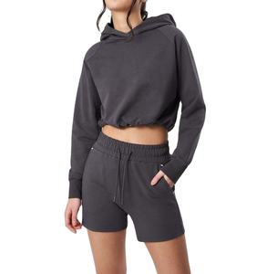 Conjunto corto de dos piezas con Sudadera con capucha y pantalones cortos con logotipo personalizado al por mayor, conjunto corto de dos piezas lavado ácido para correr, conjuntos de dos piezas para mujer - Product Image 1