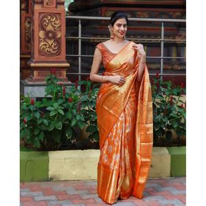 Attractive Banarasi Soft Silk Party Wear <b>Saree</b> With Unstitched Blouse <b>Orange</b> - Product Image 1