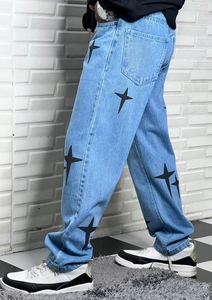 Pantalones vaqueros de mezclilla azul cielo personalizados, unisex, tallas grandes, informales, transpirables, 100% algodón, con efecto lavado a la arena, estampado cruzado, OEM, tipo cargo. - Product Image 2