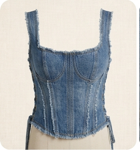 Denim Corset Crop <b>Top</b> Sleeveless Square Neck Bodycon Fitted Frayed Edges Washed Casual Summer Wear - Product Image 1