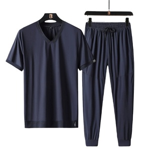 Ensemble de survêtement de sport d'été pour hommes, deux pièces, séchage rapide, antibactérien, en coton et élasthanne, manches courtes, coupe ample, léger - Product Image 3