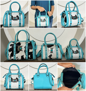 Vintage Western Hair On Cowhide <b>Leather</b> Mini Speedy Bag with Studded Genuine <b>Tooled</b> <b>Leather</b> Handmade Travel Handbag for Unisex - Product Image 3