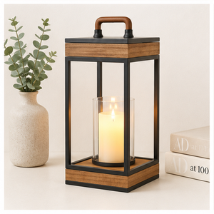 Modern Wood & Metal Candle <b>Lantern</b> <b>Large</b> Decorative Pillar Holder with Hurricane Glass for Tabletop Centerpiece & Outdoor Decor - Product Image 6