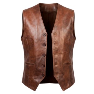 Veste en cuir véritable marron pour homme, col en V, simple boutonnage, coupe ajustée, veste formelle - Product Image 4