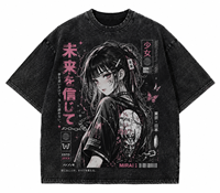 T-shirt Streetwear Anime Personnalisé Oversize Effet Délavé Graphique Manga Japonais Cyber Samurai Masque Oni Vintage Unisexe Coton