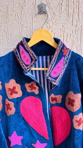 <b>Women</b>’s Deep Blue Embroidered <b>Velvet</b> Jacket – Pink Heart & Star Motif Open Front Short <b>Coat</b> - Product Image 2