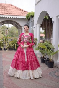 Pink Embroidered <b>Lehenga</b> Choli With Cream <b>Skirt</b> Traditional Indian Wedding Wear For Women Cotton Floor Length Loose Fit - Product Image 3